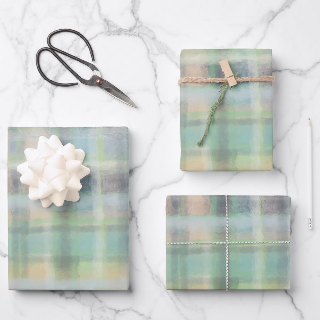 Feuille De Papier Cadeau Tartan plaid moderne pastel jaune cyan gris vert (Recto)