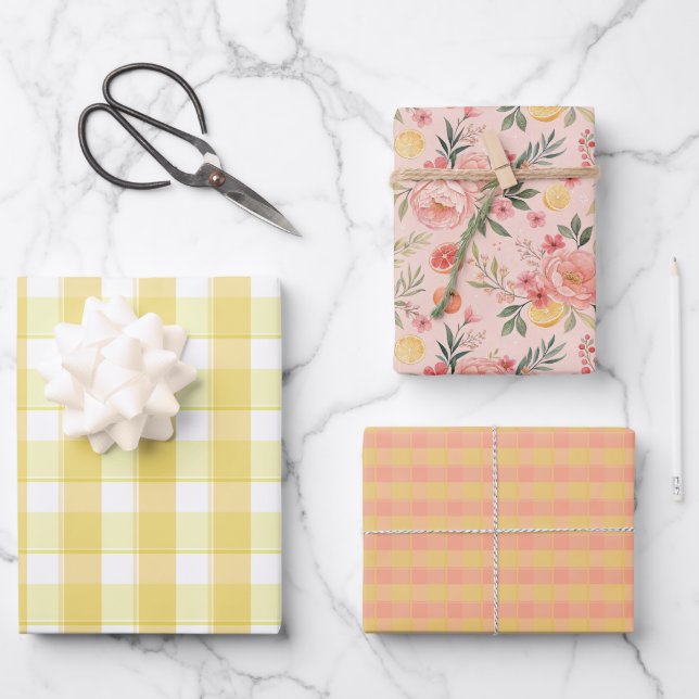 Feuille De Papier Cadeau Tartan rose lemon yellow peach set wrapping paper (Recto)