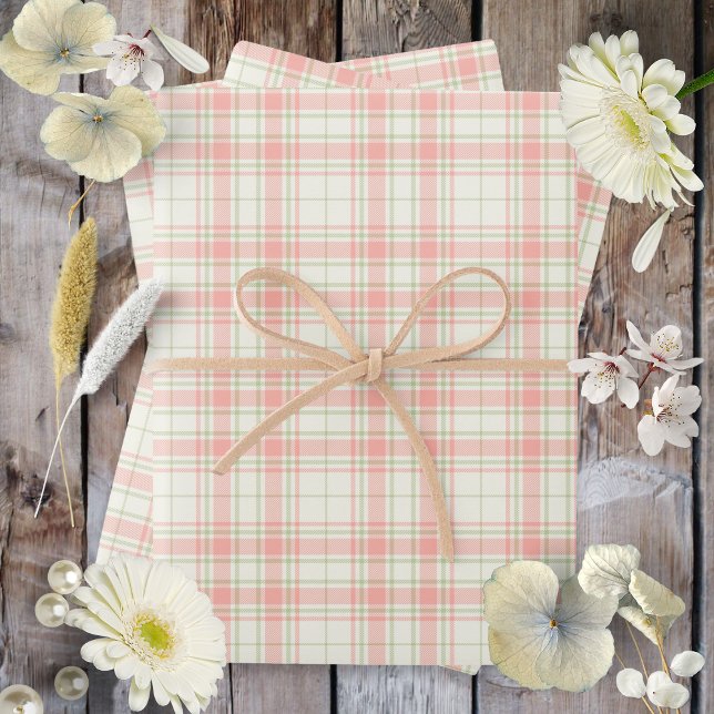 Feuille De Papier Cadeau Tartan -Rose Pâle-Sage Vert-Ivoire Extra Clair (Tartan -Deep Pink-Sage Green-Extra Light Ivory Wrapping Paper Sheets by Leapfroglisics Shop)