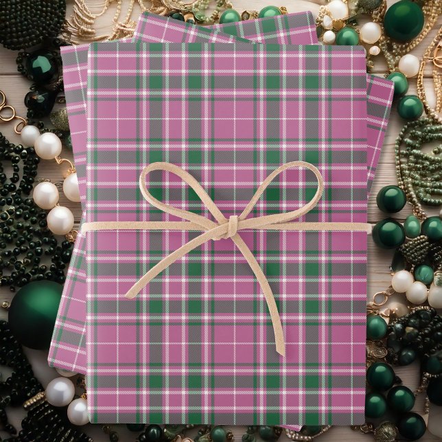 Feuille De Papier Cadeau Tartan - Rose rose émeraude vert-ivoire (Tartan - Rose Pink-Emerald Green-Ivory Wrapping Paper Sheets by Leapfroglisics Shop)
