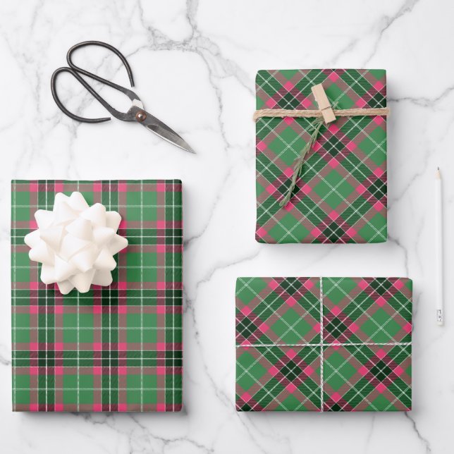 Feuille De Papier Cadeau Tartan vert et rose (Recto)