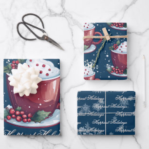 Feuille De Papier Cadeau Tasse de Chocolat Chaud de Noël Bleu