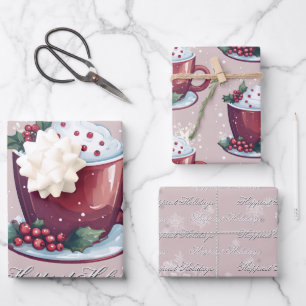 Feuille De Papier Cadeau Tasse de Chocolat Chaud de Noël Rose Blush