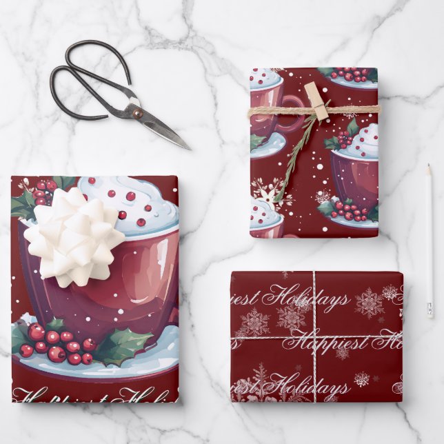 Feuille De Papier Cadeau Tasse de chocolat chaud de Noël | Rouge (Recto)
