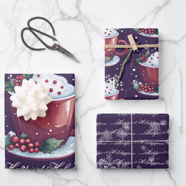 Feuille De Papier Cadeau Tasse de chocolat chaud de Noël | Violet (Recto)