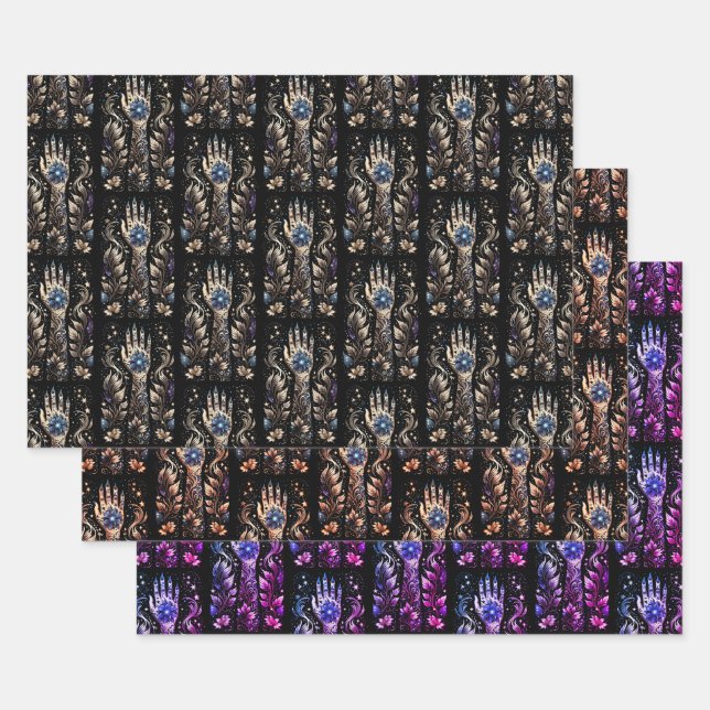 Feuille De Papier Cadeau Tatouage Main Noir Et Or (Lot)