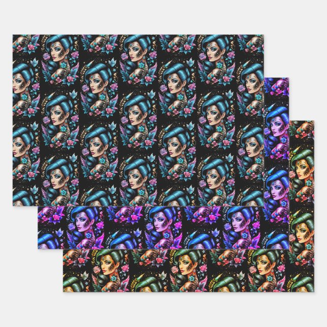 Feuille De Papier Cadeau Tatouages Et Roses (Lot)