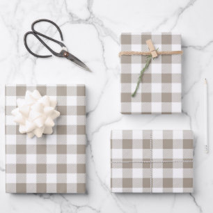 Feuille De Papier Cadeau Taupe Beige Blanc Plaid Motif