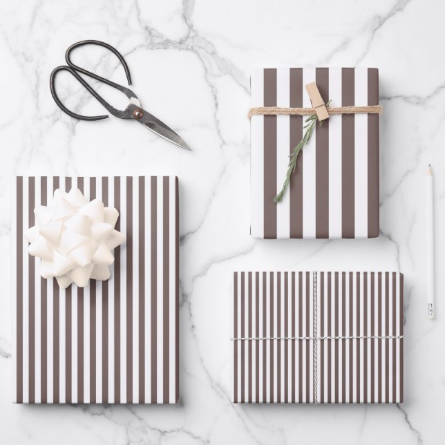 Feuille De Papier Cadeau Taupe foncé & Rayures blanches (Recto)
