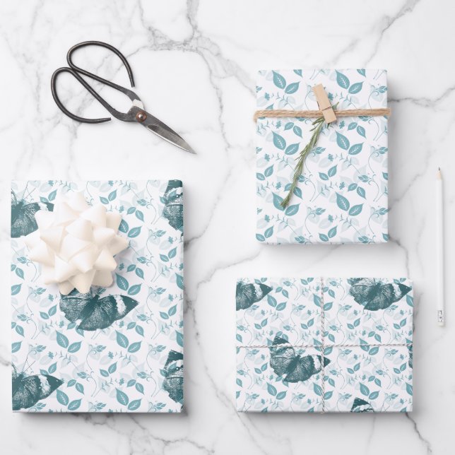 Feuille De Papier Cadeau Teal Blue Butterflies Birthday (Recto)