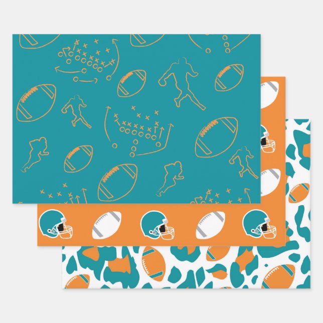 Feuille De Papier Cadeau Teal, Orange & White Football Patterns (Lot)