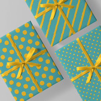 Feuille De Papier Cadeau Teal With Yellow Messy Stripes & Messy Polka Dots