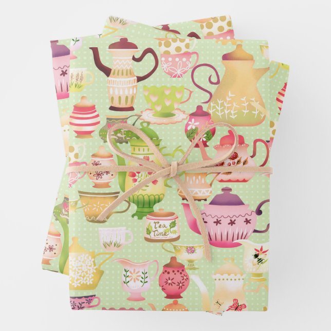 Feuille De Papier Cadeau Teapots et tasses vert (En situation)