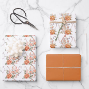 Feuille De Papier Cadeau Teapots orange Spring Tea Party et Roses