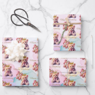 Feuille De Papier Cadeau Teddy Bear Pink Bow Gold Crown Joyeux anniversaire