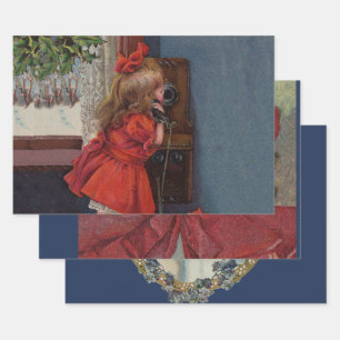 Feuille De Papier Cadeau Téléphone Antique de Petite Fille de Noël