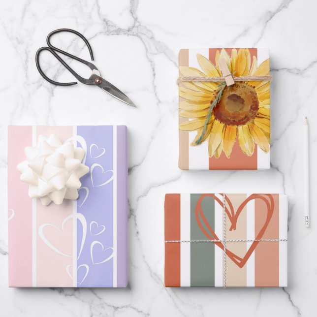 Feuille De Papier Cadeau Tendance pastel rayures coeur valentines (Recto)