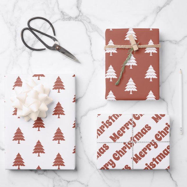 Feuille De Papier Cadeau Terracotta et arbres blancs Joyeux Noël (Recto)