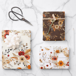 Feuille De Papier Cadeau Terracotta et fleurs blanches Botanique Boho Exoti
