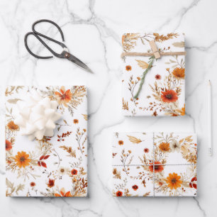 Feuille De Papier Cadeau Terracotta et fleurs blanches Botanique Boho Exoti