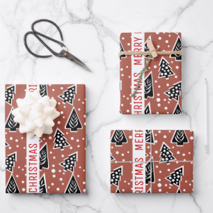 Feuille De Papier Cadeau Terracotta et noir Joyeux Noël arbres vacances