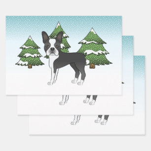 Feuille De Papier Cadeau Terrier Boston noir dans une forêt hivernale