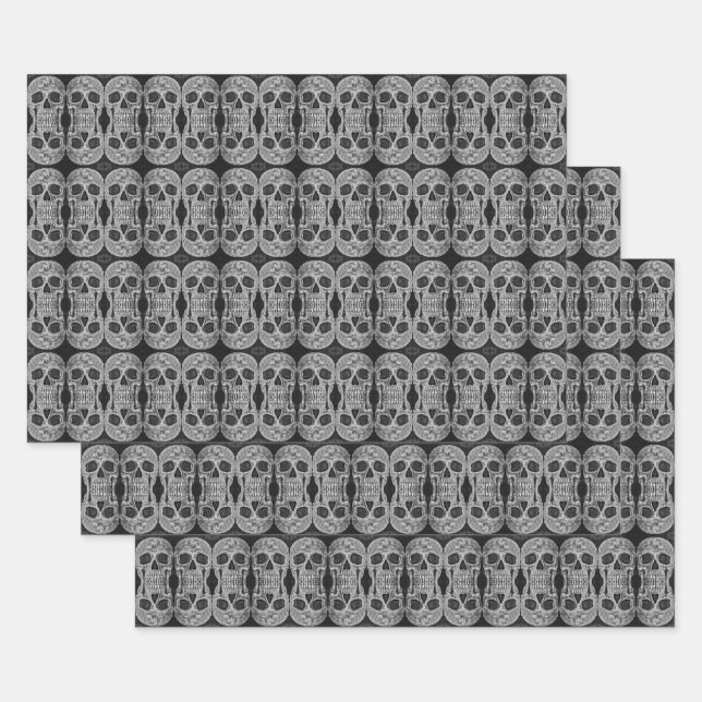 Feuille De Papier Cadeau Tête de crâne gothique Noir et blanc Motif Abstrai (Lot)