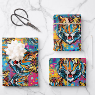 Feuille De Papier Cadeau Tête de tigre couleurs arc-en-ciel peinture taches