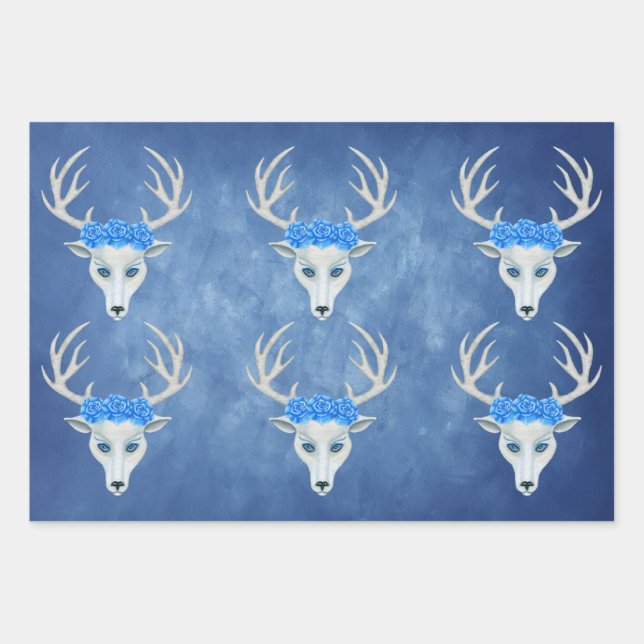 Feuille De Papier Cadeau Têtes de Cerfs Blancs Antlers Joli Rose Misty Blue (Devant)