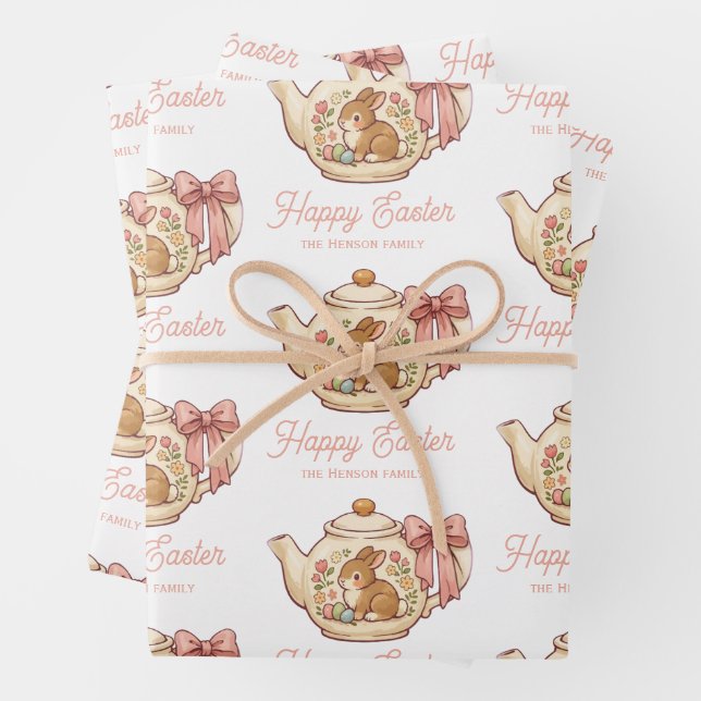 Feuille De Papier Cadeau Théière de lapin de Pâques personnalisée Floral  (En situation)