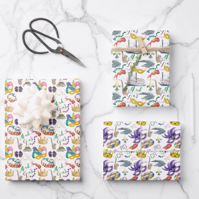 Feuille De Papier Cadeau Thème Mardi Gras aquarelle (Recto)