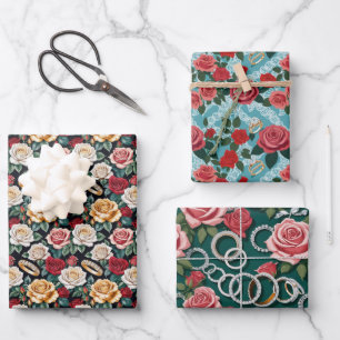 Feuille De Papier Cadeau Thème mariage Avec Bagues Roses Et Mariages