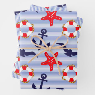 Feuille De Papier Cadeau Thème Nautique - Bouée de sauvetage, Étoile de mer