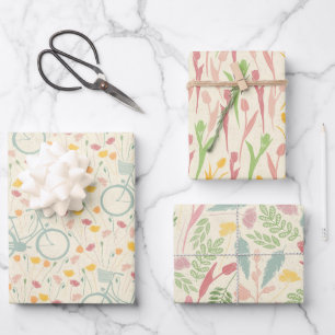 Feuille De Papier Cadeau Thème printemps 3 motifs floraux