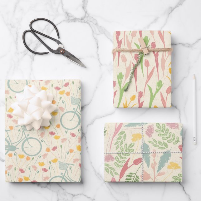 Feuille De Papier Cadeau Thème printemps 3 motifs floraux (Recto)