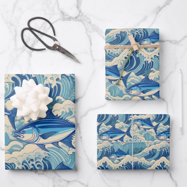 Feuille De Papier Cadeau Thon volant par vagues - motif Ahi (Recto)