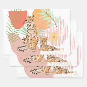 Feuille De Papier Cadeau Tiger Maman et bébé dans la jungle