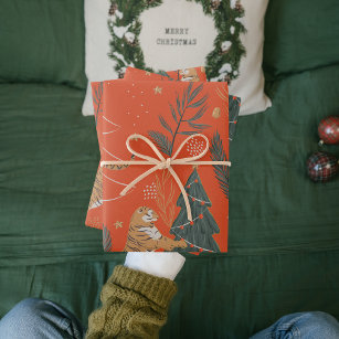 Feuille De Papier Cadeau Tigre De Noël Vintage Avec Arbre De Noël