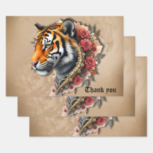 Feuille De Papier Cadeau Tigre de Steampunk avec illustration Rose.