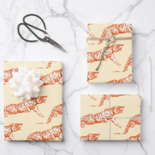 Feuille De Papier Cadeau Tigre orange brillant et moderne sur crème