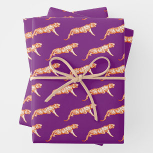 Feuille De Papier Cadeau Tigre orange vif moderne sur violet