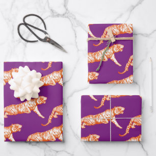Feuille De Papier Cadeau Tigre orange vif moderne sur violet
