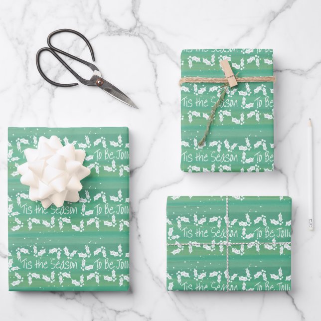 Feuille De Papier Cadeau 'Tis Season Turquoise Aquarelle & Holiday Holly (Recto)