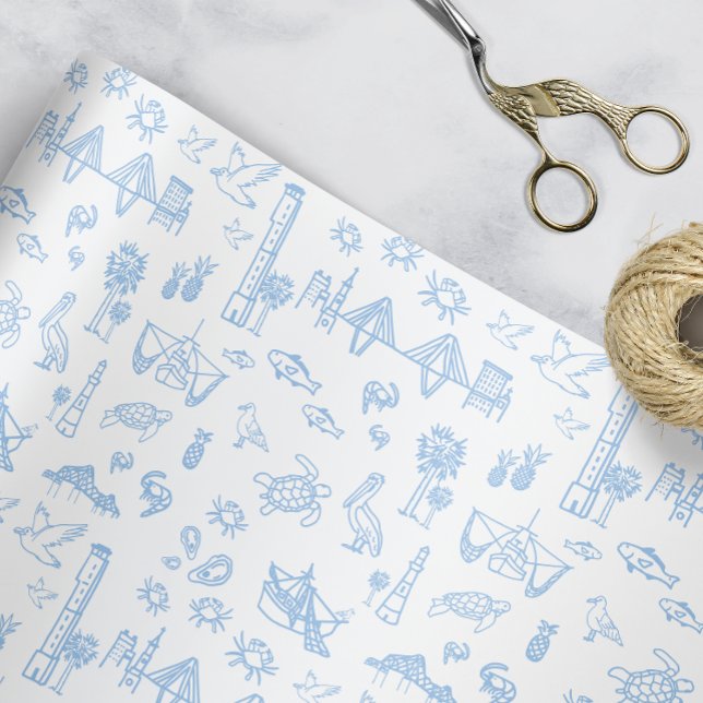 Feuille De Papier Cadeau Toile bleu rose et vert Charleston (Charleston Toile Gift Wrap in blue)