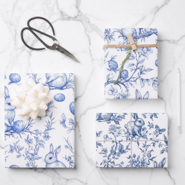 Feuille De Papier Cadeau Toile Bleue De Jouy Bunny Pâques (Recto)