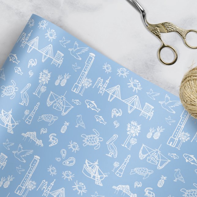 Feuille De Papier Cadeau Toile de charleston bleu et noir (Charleston Toile Gift Wrap)
