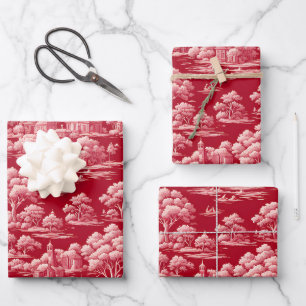 Feuille De Papier Cadeau Toile de Jouy Rouge