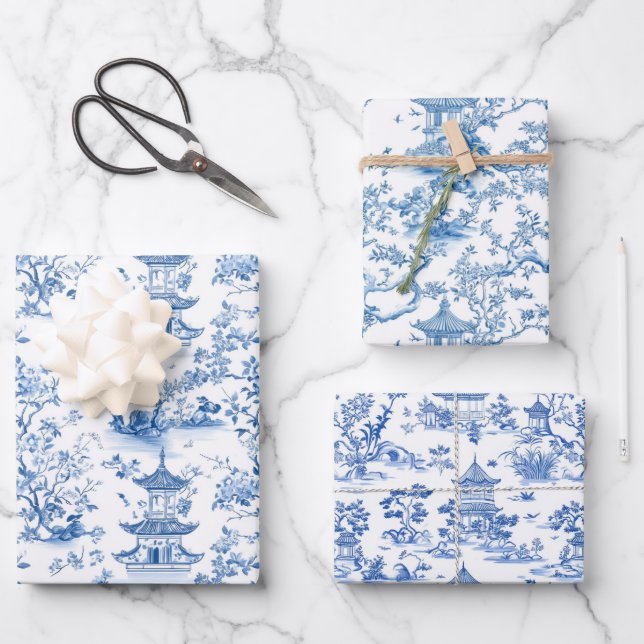 Feuille De Papier Cadeau Toile de Pagode de la Chinoiserie Bleue (Recto)