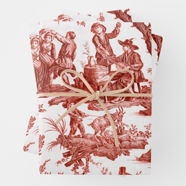Feuille De Papier Cadeau Toile rouge de Jouy (En situation)