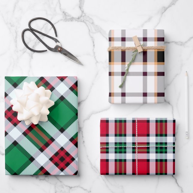 Feuille De Papier Cadeau Tolède vert, rouge et blanc Plaid Motifs Multi (Recto)